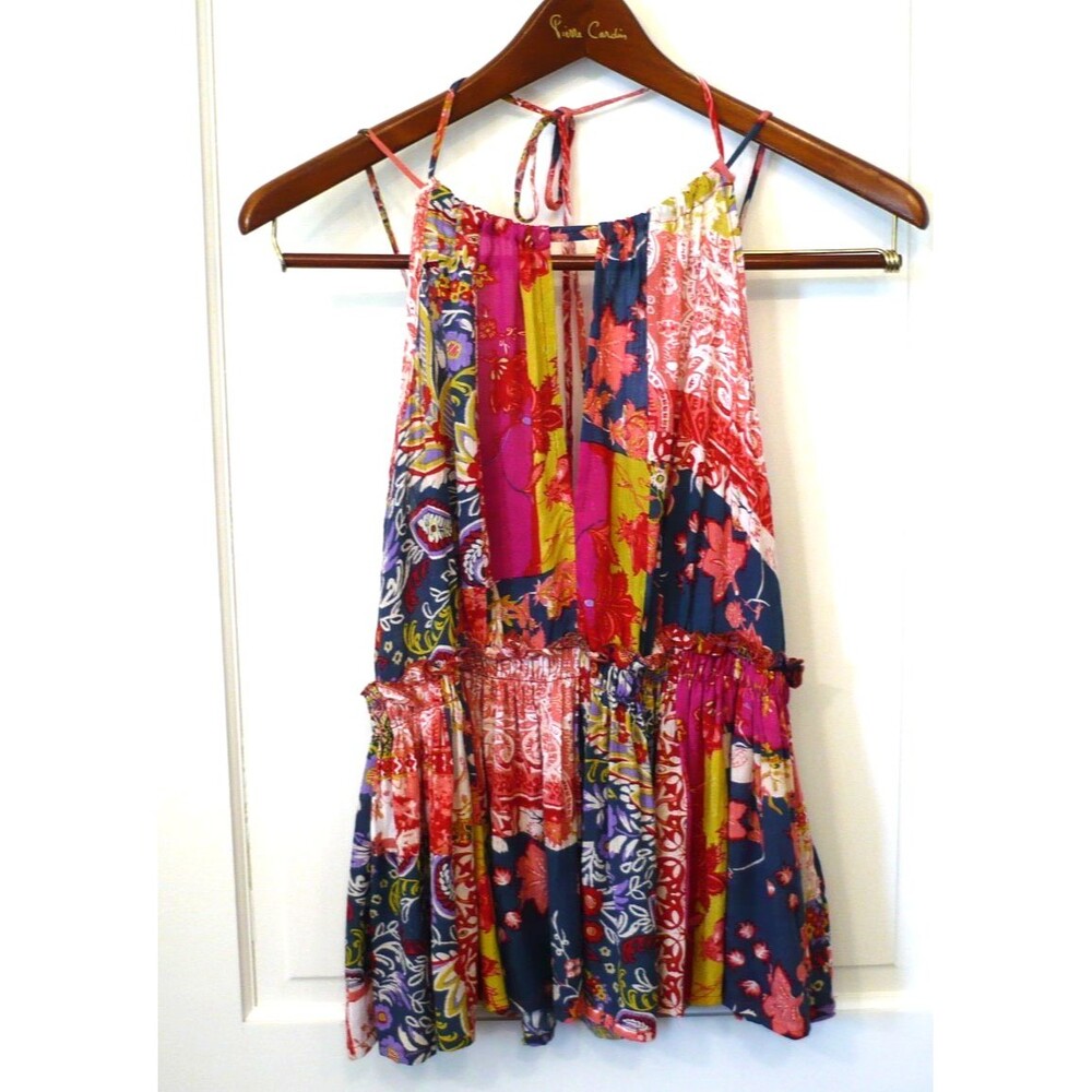Rachel Zoe Sz S Multicolored Patchwork Floral Boho Peplum Tank Top Halter NWT